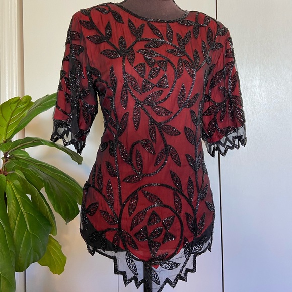 Vintage Deep Red Beaded Blouse | Silk Blouse - Picture 6 of 14